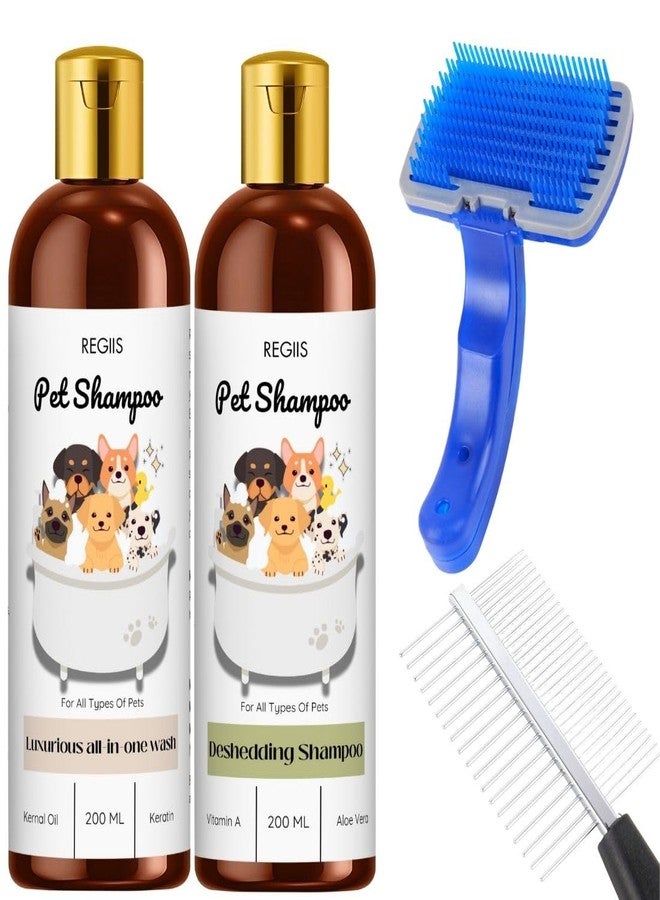 REGIIS Pet Shampoo Set with Grooming Brush, Luxurious All-in-One Wash and Deshedding Formula, 200ml, 2-Pack - Image 1